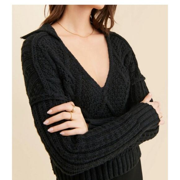 Free People Black Traveler Cable Collared V-Neck Cropped Sweater Women Size XS - Picture 2 of 14